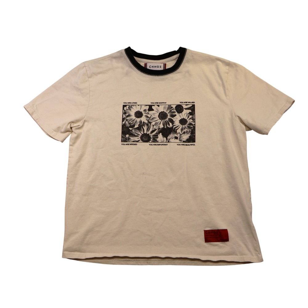 CHNGE Mens M T-Shirt Cream Sunflower You Are Loved Organic Cotton Ringer Tee